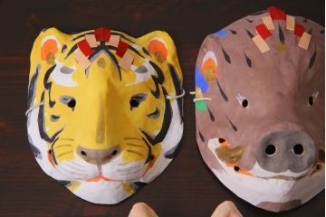 昭和期　藤原孚石作　嵯峨面　厄除　5個セット・紙箱付き(干支)(R-036956)