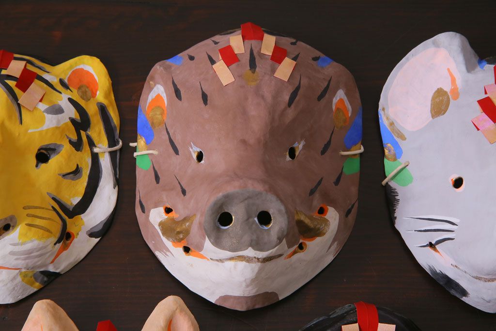 昭和期　藤原孚石作　嵯峨面　厄除　5個セット・紙箱付き(干支)(R-036956)