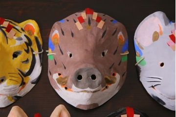 昭和期　藤原孚石作　嵯峨面　厄除　5個セット・紙箱付き(干支)(R-036956)