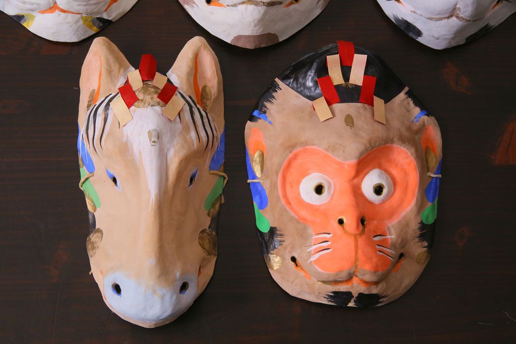 昭和期　藤原孚石作　嵯峨面　厄除　5個セット・紙箱付き(干支)(R-036956)