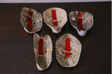 昭和期　藤原孚石作　嵯峨面　厄除　5個セット・紙箱付き(干支)(R-036956)