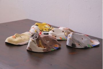 昭和期　藤原孚石作　嵯峨面　厄除　5個セット・紙箱付き(干支)(R-036957)