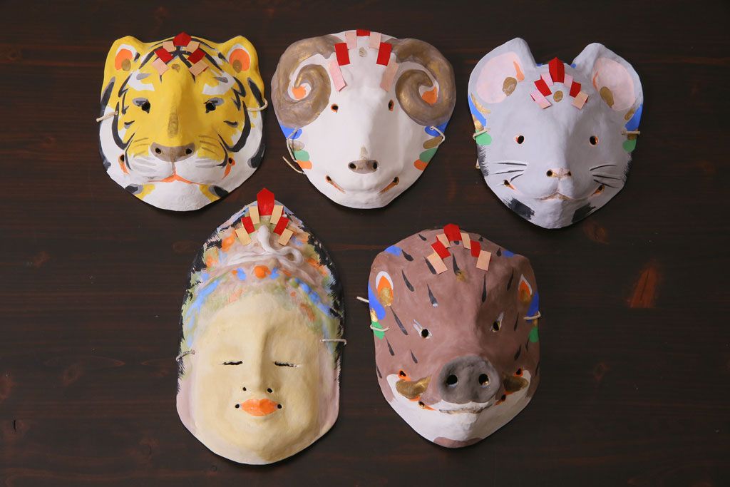 昭和期　藤原孚石作　嵯峨面　厄除　5個セット・紙箱付き(干支)(R-036957)