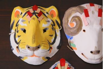 昭和期　藤原孚石作　嵯峨面　厄除　5個セット・紙箱付き(干支)(R-036957)