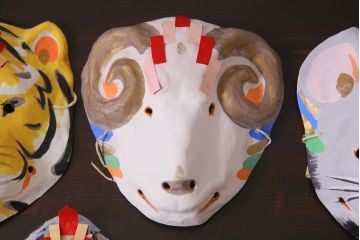 昭和期　藤原孚石作　嵯峨面　厄除　5個セット・紙箱付き(干支)(R-036957)