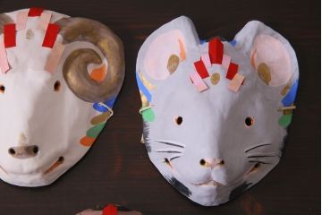 昭和期　藤原孚石作　嵯峨面　厄除　5個セット・紙箱付き(干支)(R-036957)