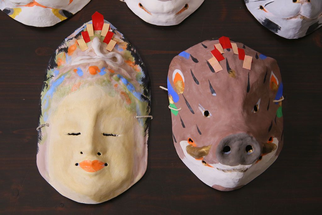 昭和期　藤原孚石作　嵯峨面　厄除　5個セット・紙箱付き(干支)(R-036957)