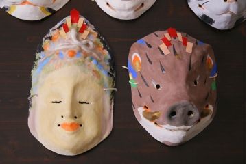 昭和期　藤原孚石作　嵯峨面　厄除　5個セット・紙箱付き(干支)(R-036957)