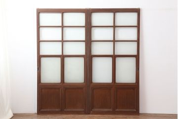 アンティーク建具　木製フレームのレトロなガラス戸2枚セット(建具、引き戸)(R-036997)