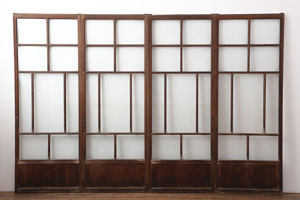 アンティーク建具　レトロな木製ガラス戸4枚セット(引き戸)(R-036998)