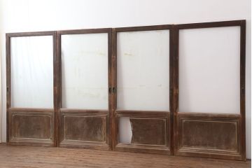 アンティーク建具　大正昭和初期　腰板ケヤキ材　ノスタルジックな雰囲気漂うガラス戸4枚セット(引き戸、建具)(R-037002)