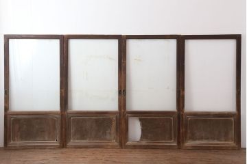 アンティーク建具　大正昭和初期　腰板ケヤキ材　ノスタルジックな雰囲気漂うガラス戸4枚セット(引き戸、建具)(R-037002)