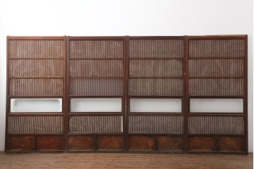 アンティーク建具　腰板ケヤキ材　裏障子付き!上品な和の空間づくりにおすすめな格子戸4枚セット(建具、引き戸)(R-037003)