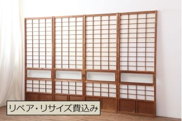アンティーク建具　昭和初期　横額　木目が目を引く障子戸4枚セット(引き戸、ガラス帯戸)(R-037012)