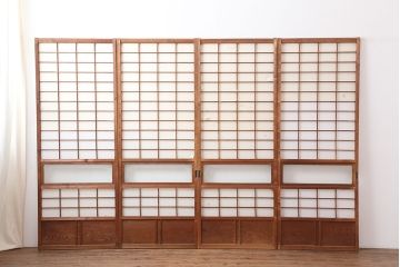 アンティーク建具　昭和初期　横額　木目が目を引く障子戸4枚セット(引き戸、ガラス帯戸)(R-037012)