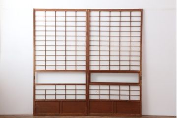 アンティーク建具　昭和初期　浮造りのような木目が目を引く障子戸2枚セット(建具、引き戸)(R-037013)