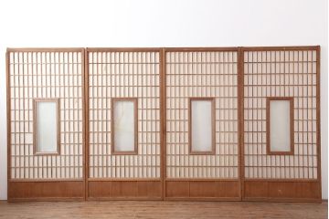 アンティーク建具　和製アンティーク　昭和初期　木味が魅力の縦額入り障子戸4枚セット(引き戸、建具)(R-037015)