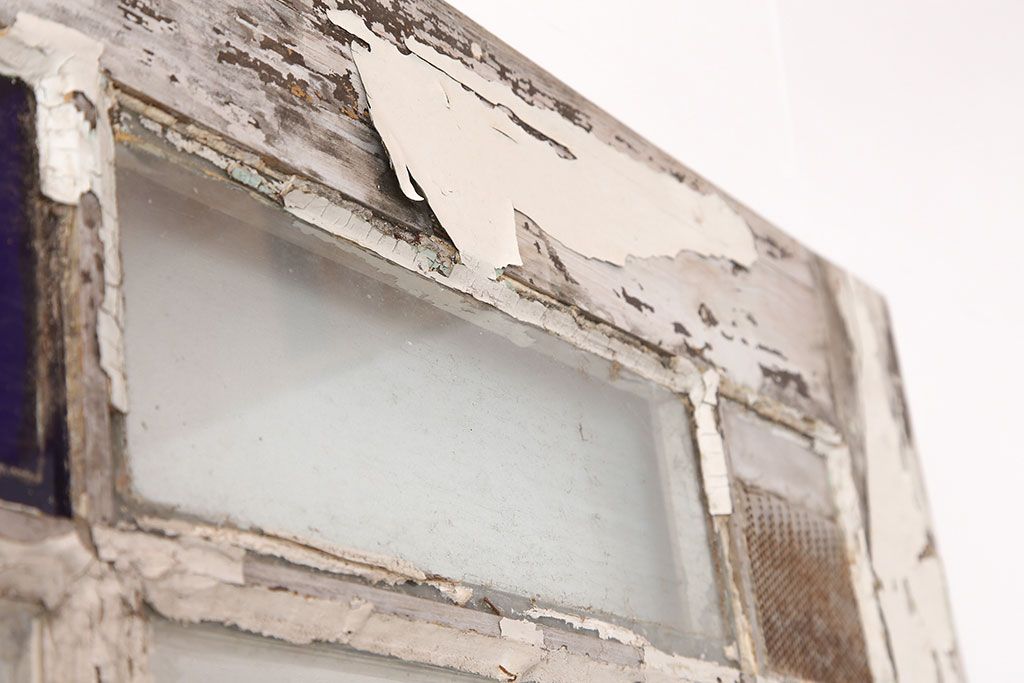 アンティーク建具　フランスアンティーク　パイン材　色ガラスがおしゃれな木製ドア(扉、建具)(R-037016)