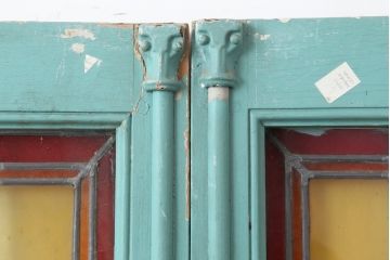 アンティーク建具　フランスアンティーク　クリアとイエローのチェックがお洒落なステンドグラスの窓一対・大(ガラス扉)(R-037021)