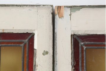 アンティーク建具　フランスアンティーク　クリアとイエローのチェックがお洒落なステンドグラスの窓一対・大(ガラス扉)(R-037021)