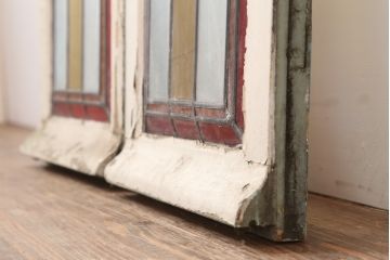 アンティーク建具　フランスアンティーク　クリアとイエローのチェックがお洒落なステンドグラスの窓一対・大(ガラス扉)(R-037021)