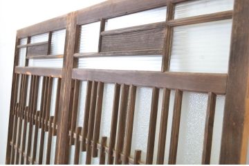 アンティーク建具　レトロ　腰板ケヤキ材　和を感じるデザインのガラス戸2枚セット(玄関戸、引き戸)(R-037031)