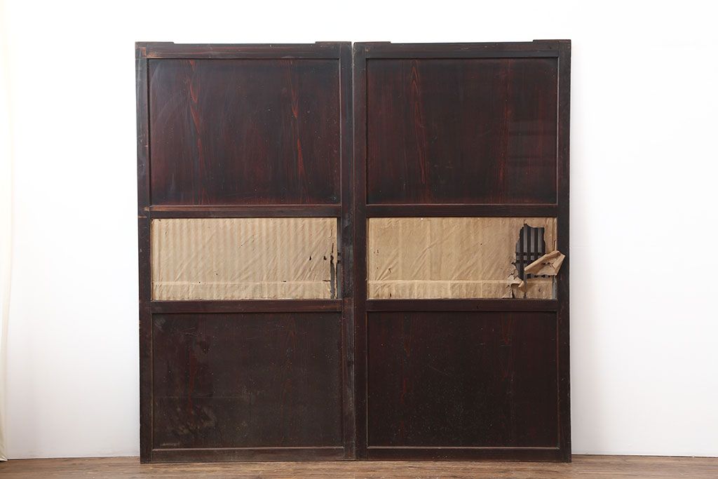 アンティーク建具　木の味わいが魅力的な格子帯戸2枚セット(板戸、引き戸)(R-037032)