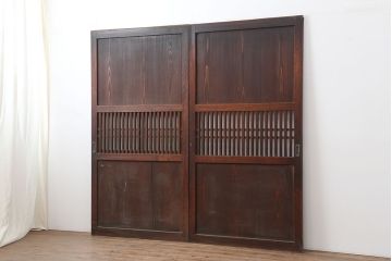 アンティーク建具　明治大正期　裏ガラス入り!和モダンにもおすすめな格子帯戸2枚セット(ガラス帯戸、板戸、引き戸)(R-037033)