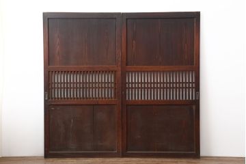 アンティーク建具　明治大正期　裏ガラス入り!和モダンにもおすすめな格子帯戸2枚セット(ガラス帯戸、板戸、引き戸)(R-037033)