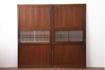 アンティーク建具　明治大正期　裏ガラス入り!和モダンにもおすすめな格子帯戸2枚セット(ガラス帯戸、板戸、引き戸)(R-037033)