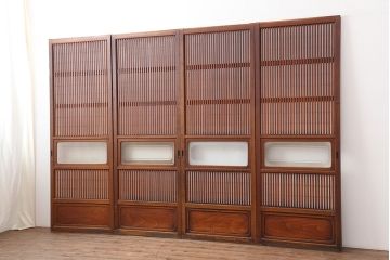 アンティーク建具　腰板ケヤキ材　細身の格子戸4枚セット(ガラス帯戸、引き戸)(R-037034)