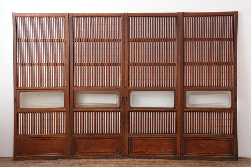 アンティーク建具　腰板ケヤキ材　細身の格子戸4枚セット(ガラス帯戸、引き戸)(R-037034)