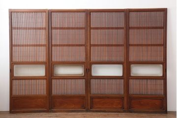 アンティーク建具　腰板ケヤキ材　細身の格子戸4枚セット(ガラス帯戸、引き戸)(R-037034)