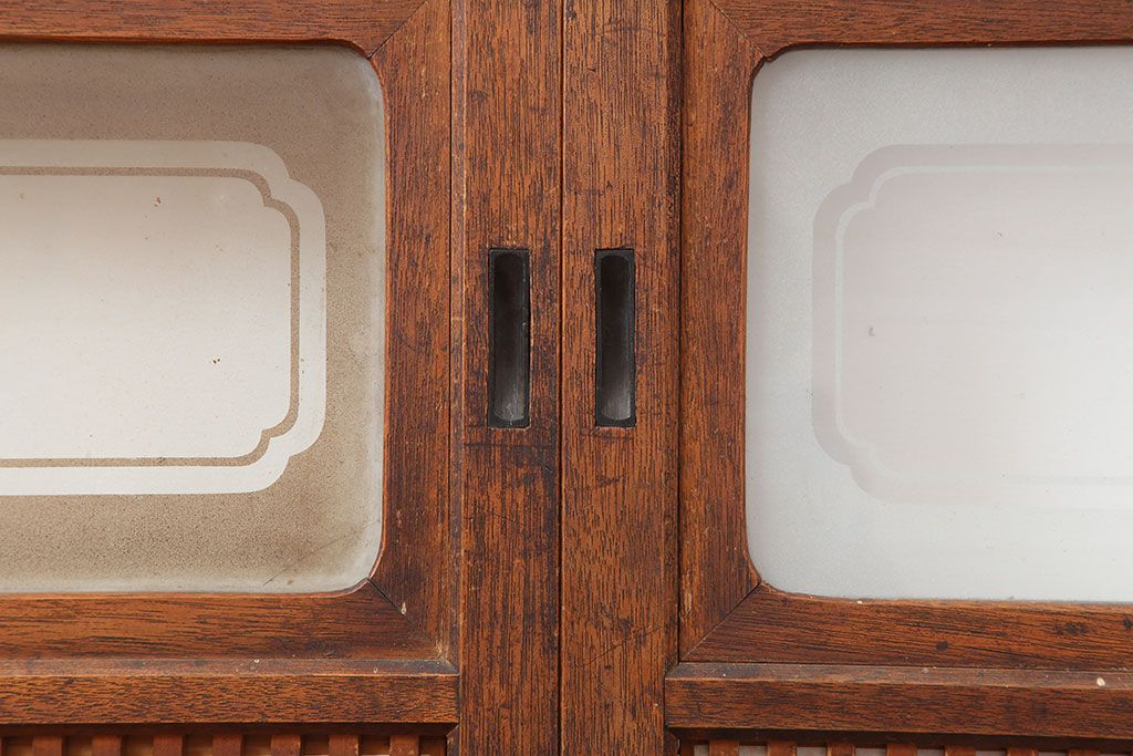 アンティーク建具　腰板ケヤキ材　細身の格子戸4枚セット(ガラス帯戸、引き戸)(R-037034)