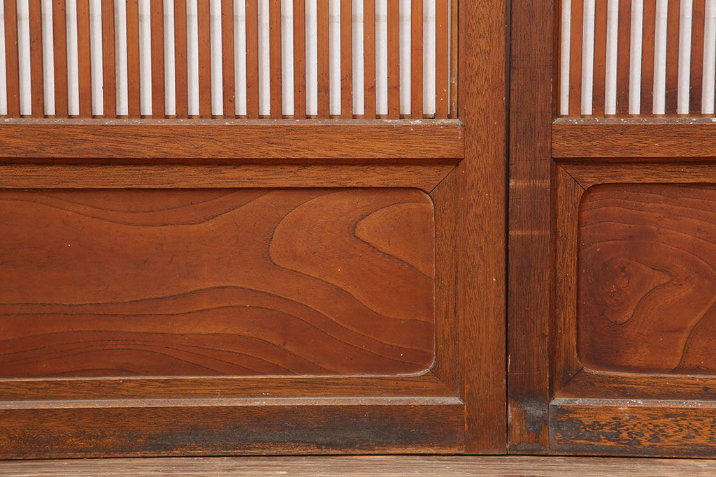 アンティーク建具　腰板ケヤキ材　細身の格子戸4枚セット(ガラス帯戸、引き戸)(R-037034)