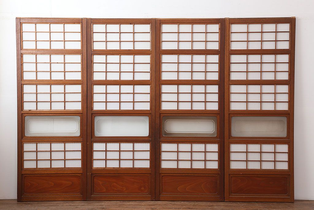 アンティーク建具　腰板ケヤキ材　細身の格子戸4枚セット(ガラス帯戸、引き戸)(R-037034)