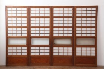 アンティーク建具　腰板ケヤキ材　細身の格子戸4枚セット(ガラス帯戸、引き戸)(R-037034)