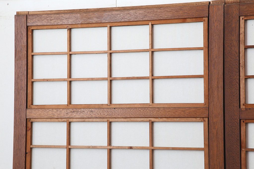 アンティーク建具　腰板ケヤキ材　細身の格子戸4枚セット(ガラス帯戸、引き戸)(R-037034)