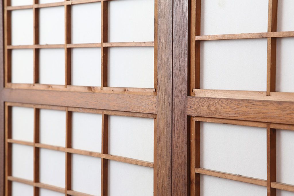 アンティーク建具　腰板ケヤキ材　細身の格子戸4枚セット(ガラス帯戸、引き戸)(R-037034)