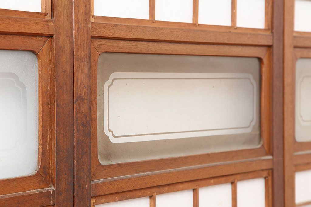 アンティーク建具　腰板ケヤキ材　細身の格子戸4枚セット(ガラス帯戸、引き戸)(R-037034)