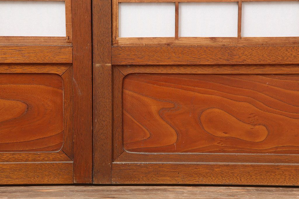 アンティーク建具　腰板ケヤキ材　細身の格子戸4枚セット(ガラス帯戸、引き戸)(R-037034)