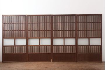 アンティーク建具　大正昭和初期　和モダンにもマッチ!桟が上品な裏障子付き格子戸4枚セット(ガラス帯戸、引き戸)(R-037042)