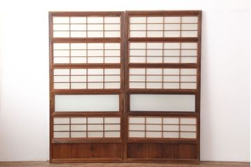 アンティーク建具　昭和初期　裏障子付き!　上質な和の空間づくりにおすすめの格子戸2枚セット(引き戸、建具)(R-037049)