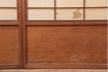 アンティーク建具　昭和初期　摺り上げ　　腰板杉材　うずら杢　風情あるインテリアにおすすめな雪見障子戸4枚セット(建具、擦り上げ障子戸、擦上障子戸、引き戸)(R-037052)