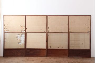 アンティーク建具　昭和初期　摺り上げ　　腰板杉材　うずら杢　風情あるインテリアにおすすめな雪見障子戸4枚セット(建具、擦り上げ障子戸、擦上障子戸、引き戸)(R-037052)