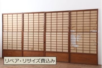 アンティーク建具　昭和初期　摺り上げ　　腰板杉材　うずら杢　風情あるインテリアにおすすめな雪見障子戸4枚セット(建具、擦り上げ障子戸、擦上障子戸、引き戸)(R-037052)
