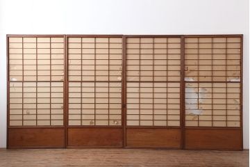 アンティーク建具　昭和初期　摺り上げ　　腰板杉材　うずら杢　風情あるインテリアにおすすめな雪見障子戸4枚セット(建具、擦り上げ障子戸、擦上障子戸、引き戸)(R-037052)
