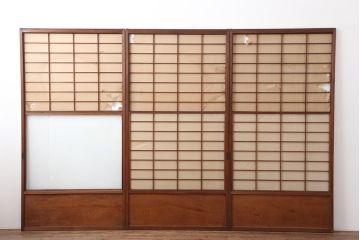 アンティーク建具　昭和中期　摺り上げ　腰板杉材　うずら杢が美しい雪見障子戸3枚セット(建具、擦り上げ障子戸、擦上障子戸、引き戸)(R-037053)