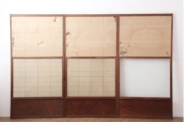 アンティーク建具　昭和中期　摺り上げ　腰板杉材　うずら杢が美しい雪見障子戸3枚セット(建具、擦り上げ障子戸、擦上障子戸、引き戸)(R-037053)