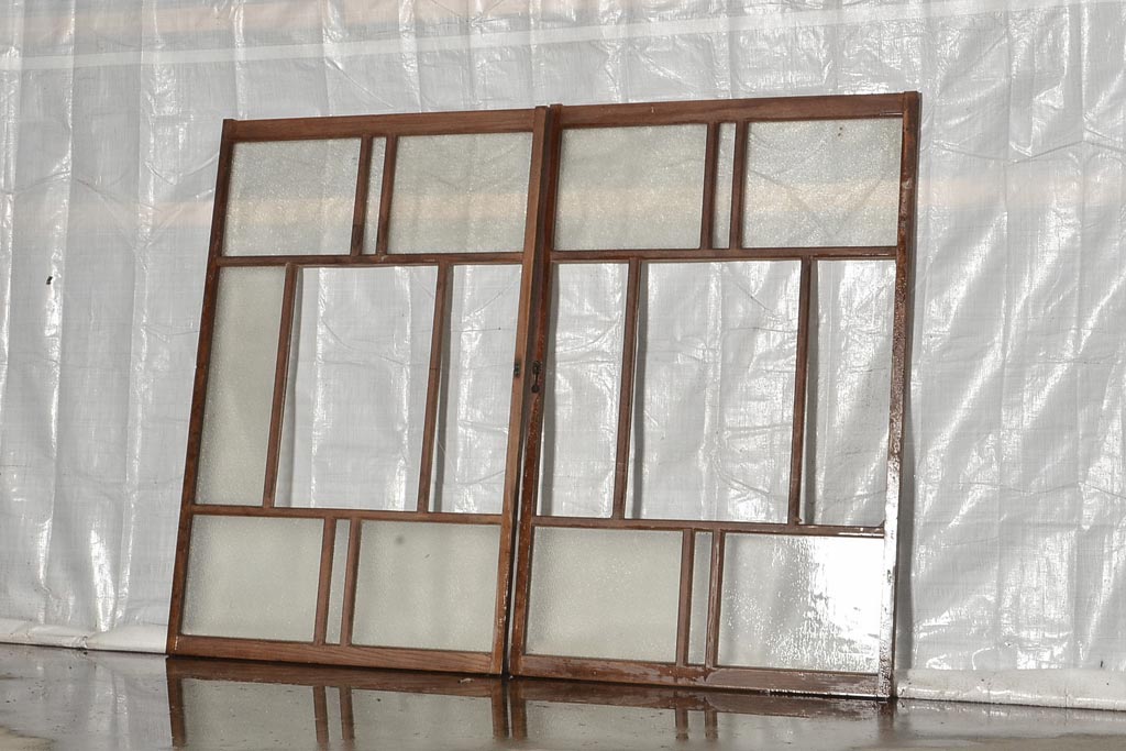 アンティーク建具　シンプルな木製フレームのガラス戸2枚セット(窓、引き戸)(R-037057)